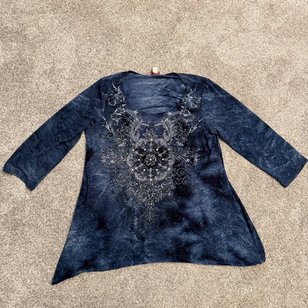 Y2K 2000s C&B Blue Acid Wash Rhinestone Sharkbite Tunic Women's Top M USA
